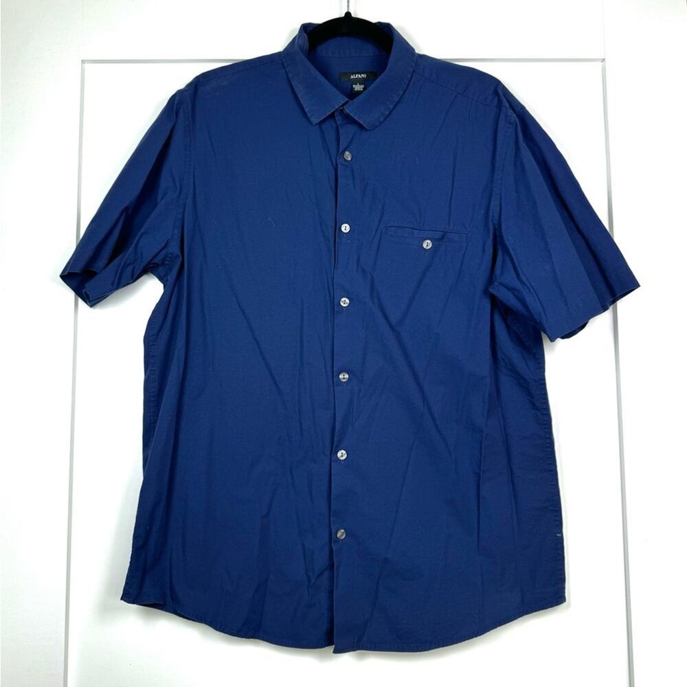 Alfani Short Sleeve Navy Blue Button Down Shirt Size Large